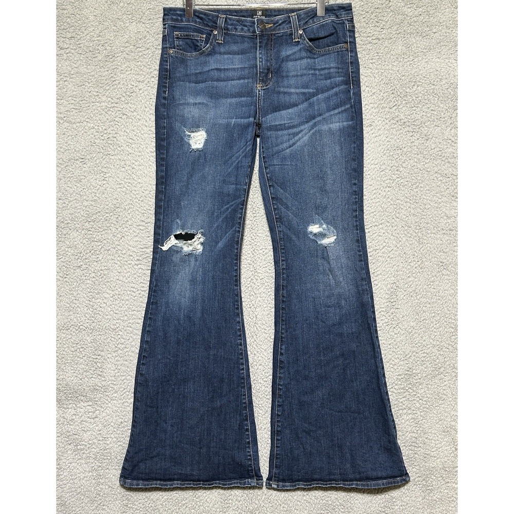 JBD Just Black Denim Jeans Womens 31X34 Blue Whiskered Flared Leg‎ Mid Rise USA